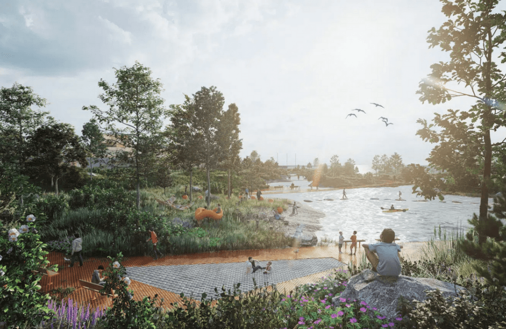 Buffersonen skal fungere som en buffer mellom byen og havnevirksomheten i Sydhavna. Her Team Asplan Viak sitt forslag. Buffersonen skal fungere som en buffer mellom byen og havnevirksomheten i Sydhavna. Her Team Asplan Viak sitt forslag.